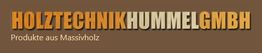 Logo der Holztechnik Hummel GmbH vor braunem Hintergrund, Text: "Produkte aus Massivholz".