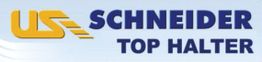 Logo mit gelbem "US" und blauer Schrift "SCHNEIDER TOP HALTER" auf hellblauem Hintergrund.