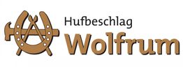 Logo mit Hufeisen, Hammer und Text: "Hufbeschlag Wolfrum".