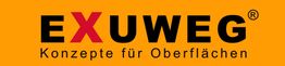 Logo mit Text "EXUWEG Konzepte für Oberflächen" auf orangefarbenem Hintergrund.
