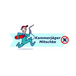Logo: Cartoon-Kammerjäger mit Ausrüstung, Text "Kammerjäger Mitschke", durchgestrichene Ameise.