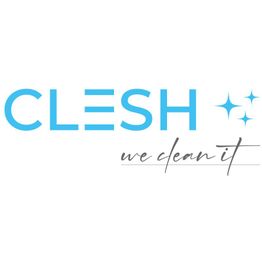 Logo mit Text "CLESH" und "we clean it"; blaue Buchstaben und drei Sterne auf weißem Hintergrund.