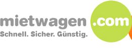 Logo mit Text: "mietwagen.com. Schnell. Sicher. Günstig." auf grünem Kreis.