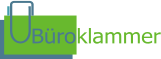 Logo mit Büroklammer und Text "Büroklammer" in grüner und blauer Schrift.