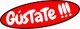 Texto "Gústate!!!" en letras blancas dentro de un óvalo rojo.