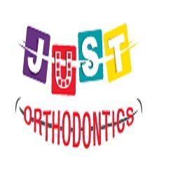 Colorful "Just Orthodontics" logo with letters on individual tiles and curved braces design.