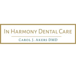 Sign reading "In Harmony Dental Care, Carol J. Akers DMD" with a decorative border.