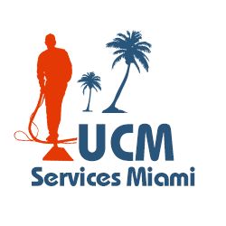 Logo of UCM Services Miami with person cleaning floors and two palm trees.