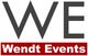 Logo mit "WE" in Grau und "Wendt Events" in Weiß auf rotem Hintergrund.