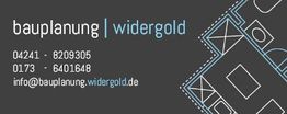 Visitenkarte mit Kontaktdaten von Bauplanung Widergold und einem Architekturplan im Hintergrund.
