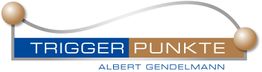 Logo mit Text "TRIGGER PUNKTE" und "ALBERT GENDELMANN", verziert mit geschwungenen Linien.