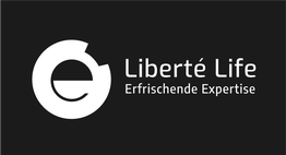 Logo von Liberté Life mit dem Slogan "Erfrischende Expertise" auf schwarzem Hintergrund.