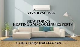 Living room with air conditioner, sofa, lamp; "Viva HVAC Inc. Call us Today: (646)-644-3324."