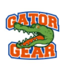Cartoon alligator head with "Gator Gear" text in orange and blue.
