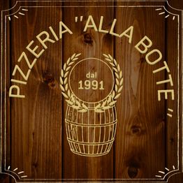 Logo su sfondo legno con scritta "Pizzeria 'Alla Botte' dal 1991" e un barile.