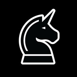 Schwarzes Einhorn-Symbol im Schachfigur-Stil auf schwarzem Hintergrund.