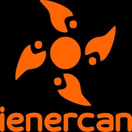 Logotipo naranja abstracto en fondo negro con la palabra "ienercan".