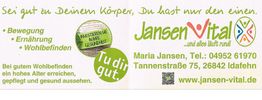 Flyer von Jansen Vital mit Kontaktinformationen und Slogan für Wohlbefinden und Gesundheit.