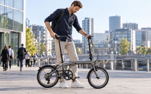 Ein großer Mann steht neben einem kompakten Klapprad mit kleinen Laufrädern und überprüft die Sattelhöhe sowie die Lenkerposition, um das Fahrrad an seine Körpergröße anzupassen.