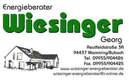 Visitenkarte von Energieberater Wiesinger mit Kontaktdaten und Zeichnung eines Hauses.