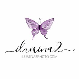 Mariposa morada sobre texto "ilumina2" y "ilumina2photo.com" en fondo blanco.