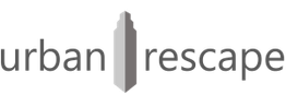 Logo met tekst "urban escape" en een afbeelding van een grijze wolkenkrabber in het midden.