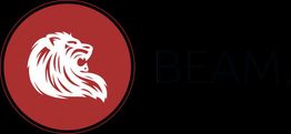 Logo avec un lion blanc dans un cercle rouge à gauche, texte "BEAM" à droite.