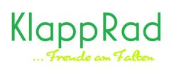 Text: "KlappRad ... Freude am Falten", in grüner und gelber Schrift auf weißem Hintergrund.