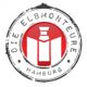 Logo mit rotem Schiff-Turm, Text: "Die Elbmonteure Hamburg" auf einem weißen Kreis.