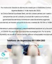 Texto sobre medidas COVID-19 de una clínica dental, con teléfono de urgencias: 651 994 283.