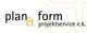Logo mit Text "plan & form projektservice e.k." in Schwarz und Orange auf weißem Hintergrund.