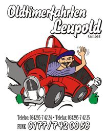 Rotes Auto mit winkendem Mann, Text: „Oldtimerfahrten Leupold“, mit Kontaktinformationen.