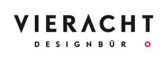 Schwarzes Logo mit Text "VIERACHT DESIGNBÜRO", kleiner roter Kreis am Rand.