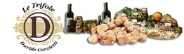 Logo "Le Trifole" con tartufi, vini e prodotti gastronomici sullo sfondo.