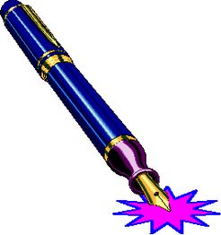 Blauer Füllfederhalter mit goldener Spitze, aus der ein lila Tintenklecks spritzt.