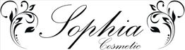 Dekoratives Logo mit dem Schriftzug "Sophia Cosmetic" und floralen Elementen in Schwarz.