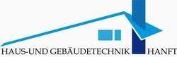 Logo mit blauem Hausdach und Schornstein, Schriftzug "Haus- und Gebäudetechnik Hanft".