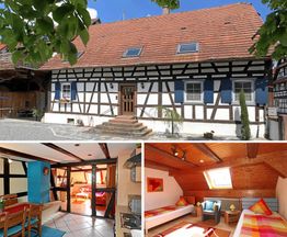 Fachwerkhaus mit blauem Fensterladen, gemütliches Interieur mit Holzbalken und farbigen Akzenten.