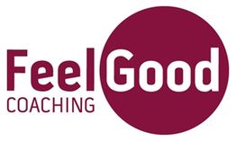 Logo mit Text "Feel Good Coaching" in Burgunderrot auf weißem Hintergrund.
