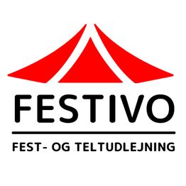 Logo med rød teltgrafik og teksten "FESTIVO Fest- og teltudlejning" nedenunder.