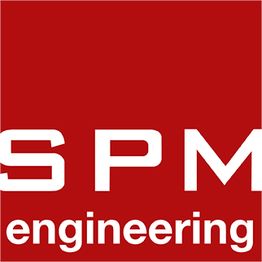 Logo rosso con testo bianco "SPM engineering".