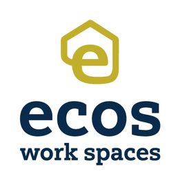 "Logo von ecos work spaces, gelbes 'e' in einem Haus-Symbol über dem Namen."