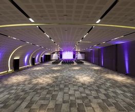 Sala de conferencias vacía con iluminación púrpura y techo curvado. Suelo de moqueta gris.