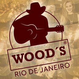 Silhueta de cowboy com violão e texto "Wood's Rio de Janeiro" sobre fundo de fotos em tom sépia.