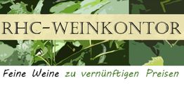 RHC-Weinkontor-Logo mit Text: "Feine Weine zu vernünftigen Preisen" auf grünem Hintergrund.