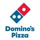 Logotipo da Domino's Pizza com dominó azul e vermelho acima do nome da marca.