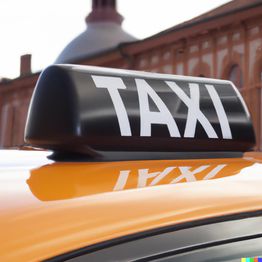 Taxi jaune avec une enseigne noire "TAXI" sur le toit, devant un bâtiment flou en arrière-plan.
