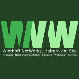 "Logo von Wiethoff NetWorks, Haltern am See mit IT-Service, Webdesign und Forensik auf grünem Hintergrund."