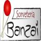 Logo da Sorveteria Banzai com palitos e esfera vermelha ao lado do nome.