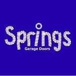 "Springs Garage Doors" text with spring coil design on blue background.